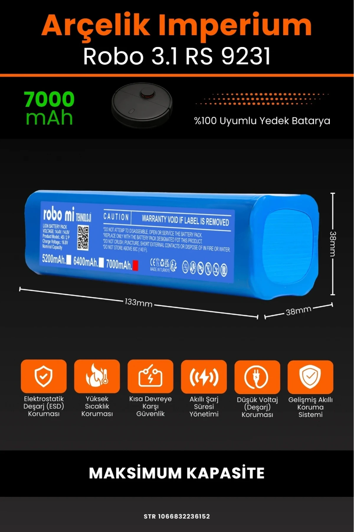 Arçelik Imperium Uyumlu Robo 3.1 RS 9231 Robot Süpürge Bataryası - 7000mAh Maksimum Yüksek Kapasite
