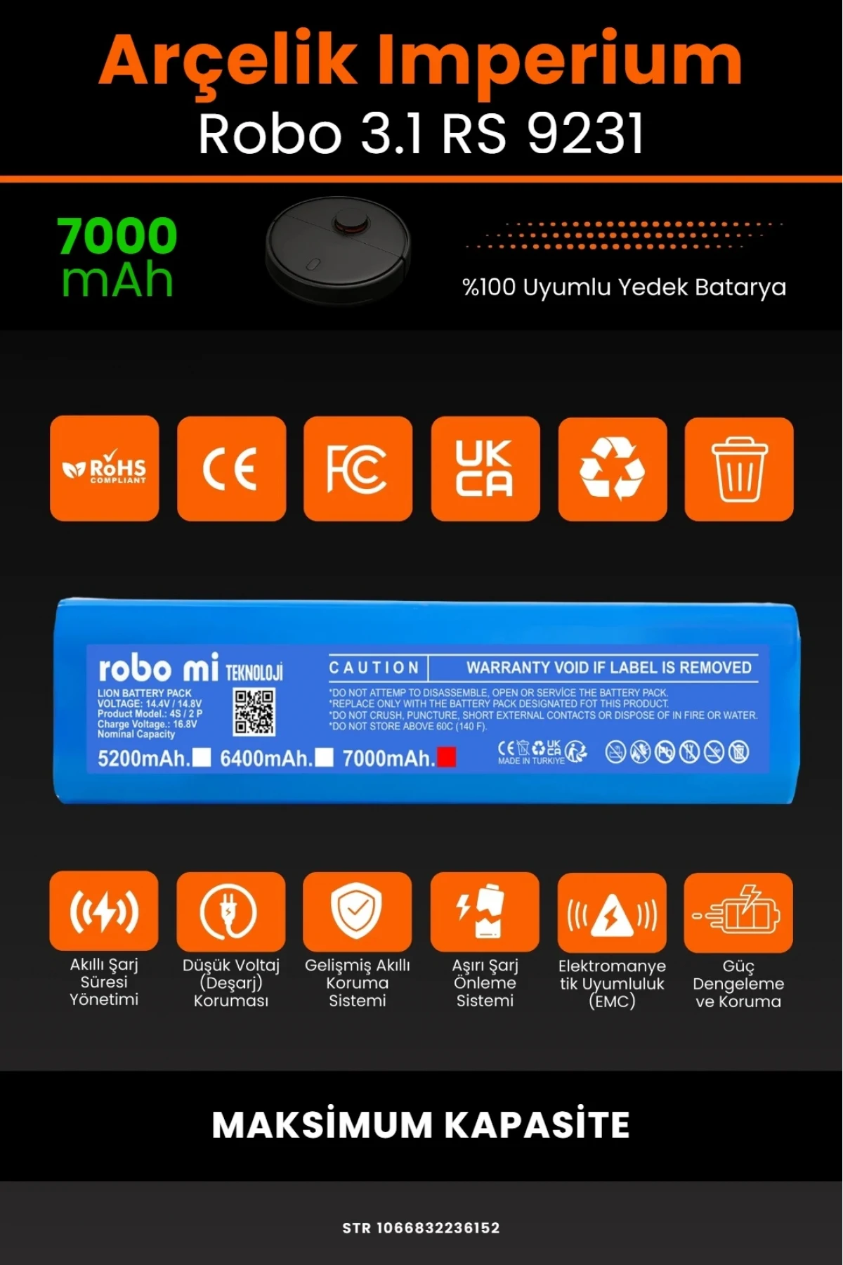 Arçelik Imperium Uyumlu Robo 3.1 RS 9231 Robot Süpürge Bataryası - 7000mAh Maksimum Yüksek Kapasite