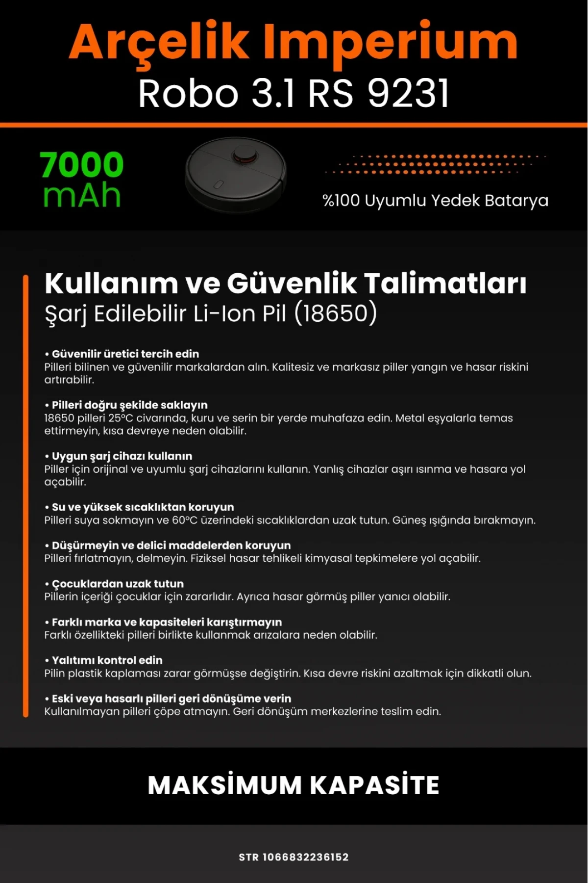 Arçelik Imperium Uyumlu Robo 3.1 RS 9231 Robot Süpürge Bataryası - 7000mAh Maksimum Yüksek Kapasite