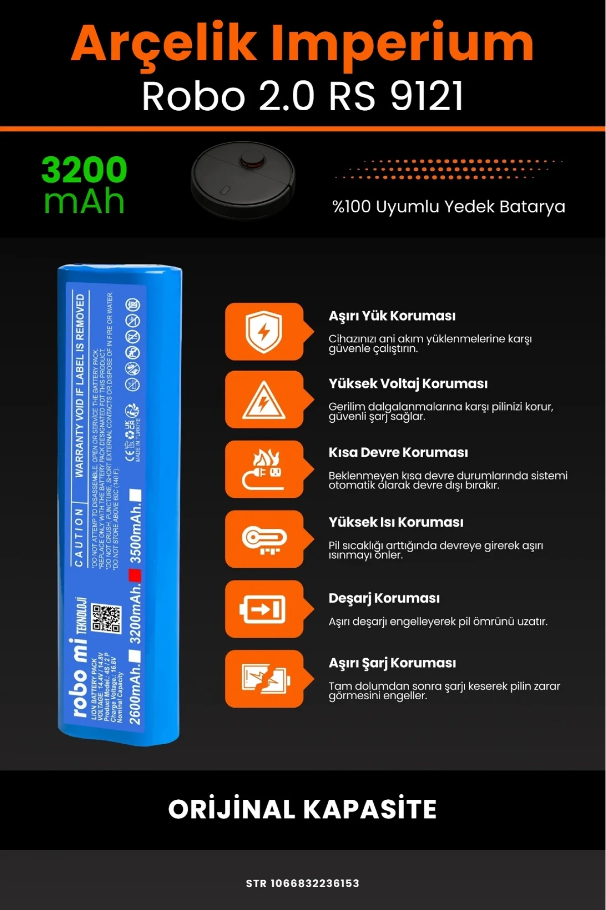 Arçelik İmperium Robo 2.0 RS 9121 Uyumlu 3200mAh Robot Süpürge Bataryası - Orijinal Kapasite