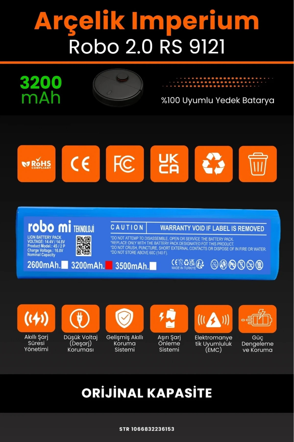 Arçelik İmperium Robo 2.0 RS 9121 Uyumlu 3200mAh Robot Süpürge Bataryası - Orijinal Kapasite