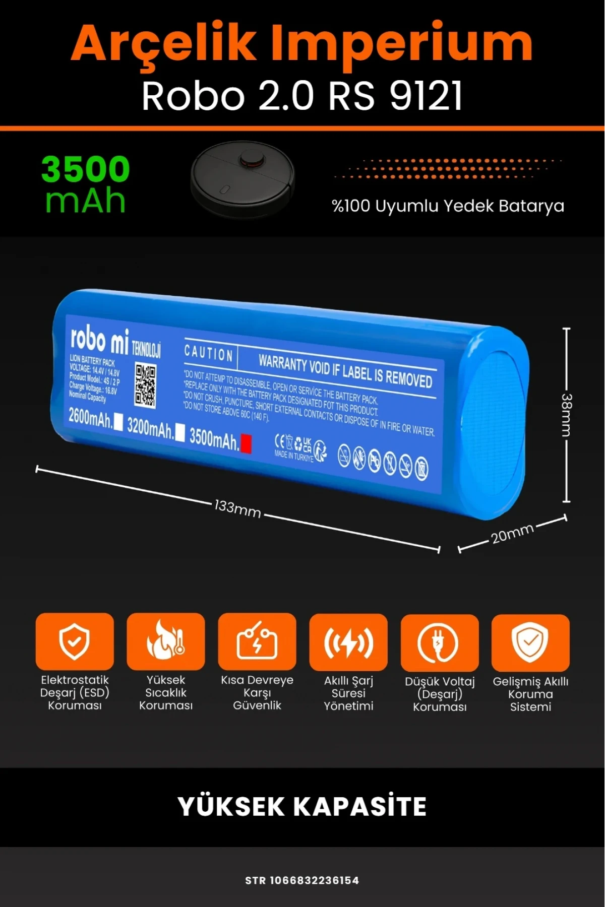 Arçelik İmperium Robo 2.0 RS 9121 Uyumlu 3500mAh Robot Süpürge Bataryası - Yüksek Kapasite