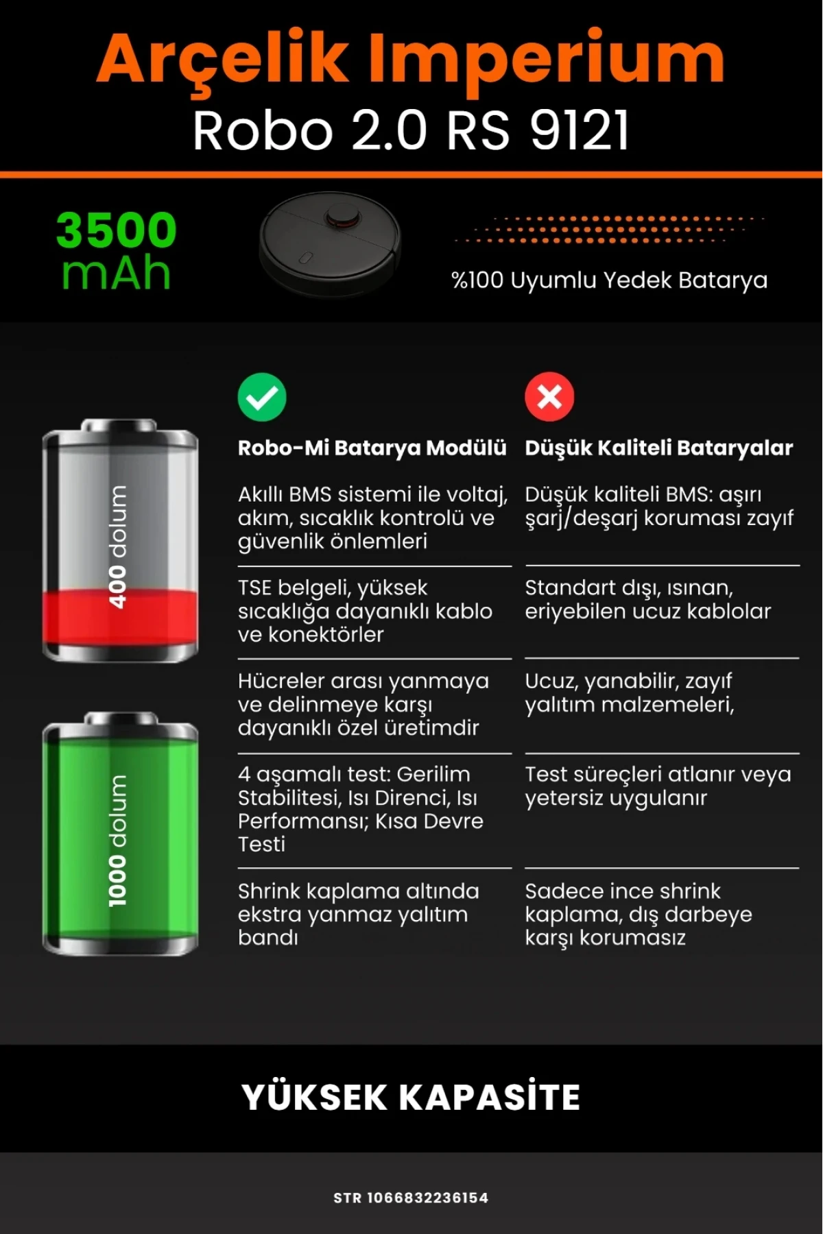 Arçelik İmperium Robo 2.0 RS 9121 Uyumlu 3500mAh Robot Süpürge Bataryası - Yüksek Kapasite