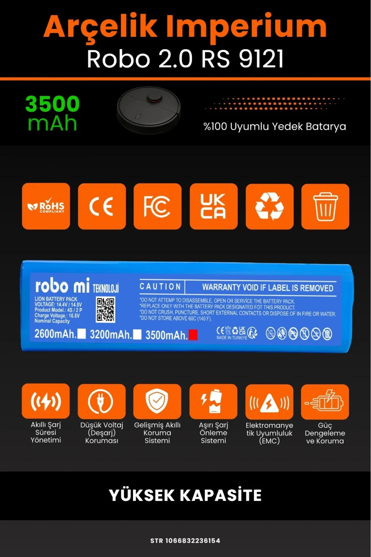 Arçelik İmperium Robo 2.0 RS 9121 Uyumlu 3500mAh Robot Süpürge Bataryası - Yüksek Kapasite