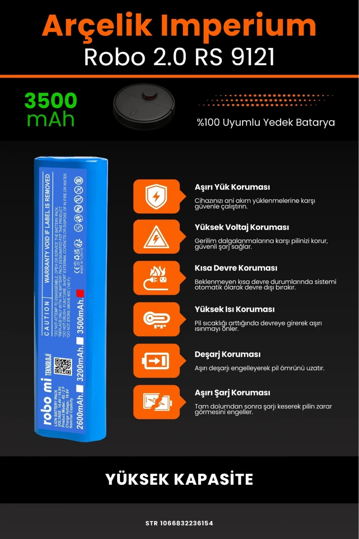 Arçelik İmperium Robo 2.0 RS 9121 Uyumlu 3500mAh Robot Süpürge Bataryası - Yüksek Kapasite