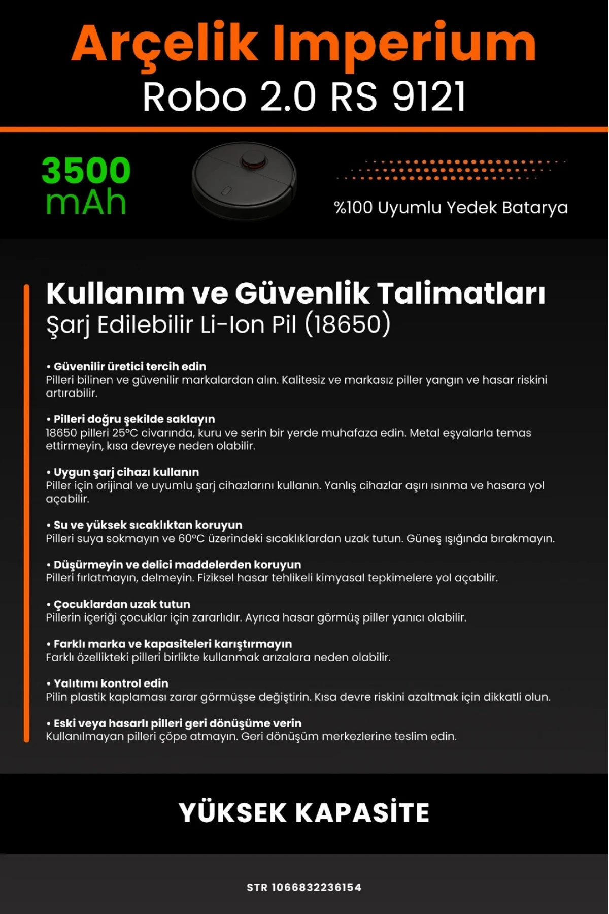 Arçelik İmperium Robo 2.0 RS 9121 Uyumlu 3500mAh Robot Süpürge Bataryası - Yüksek Kapasite
