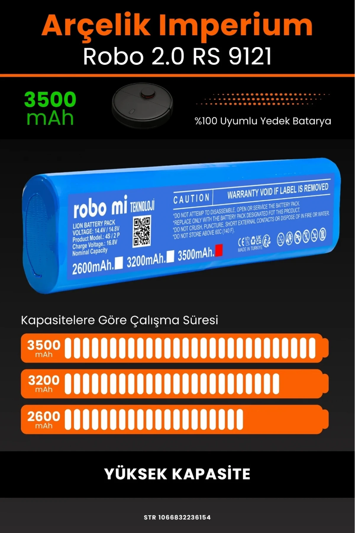 Arçelik İmperium Robo 2.0 RS 9121 Uyumlu 3500mAh Robot Süpürge Bataryası - Yüksek Kapasite