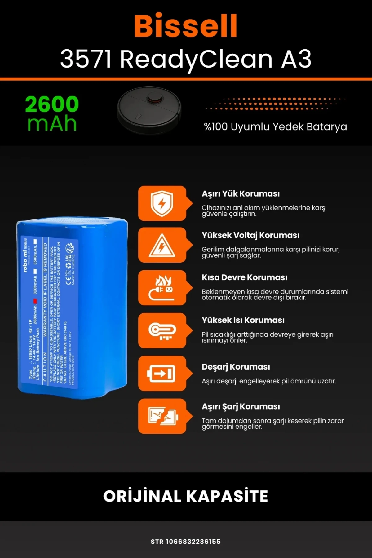 Bissell 3571 ReadyClean Robot A3 Uyumlu Robot Süpürge Bataryası - 2600mAh Orijinal Kapasite
