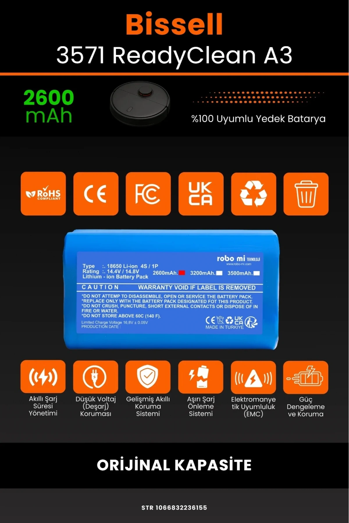 Bissell 3571 ReadyClean Robot A3 Uyumlu Robot Süpürge Bataryası - 2600mAh Orijinal Kapasite