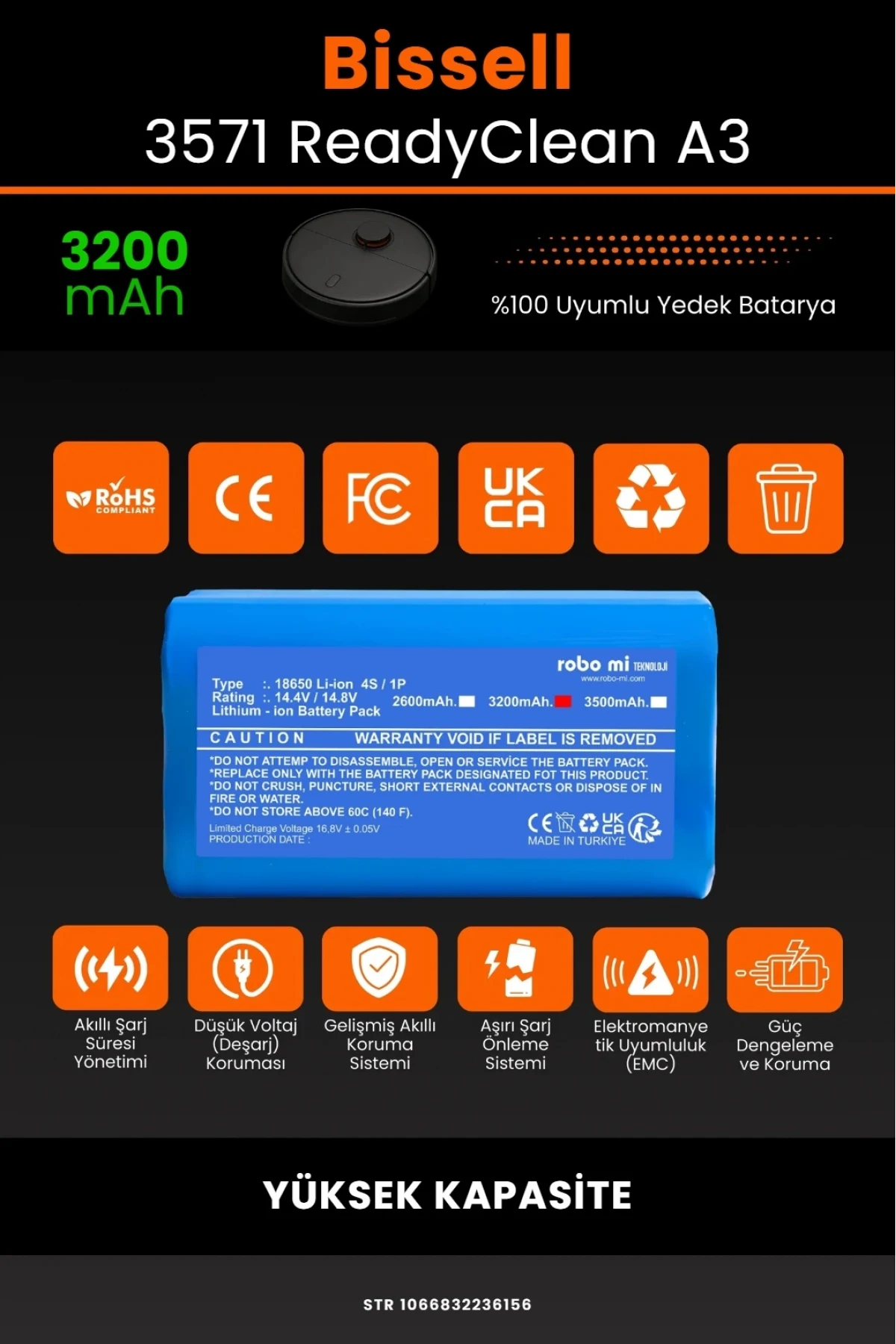 Bissell 3571 ReadyClean Robot A3 Uyumlu Robot Süpürge Bataryası - 3200mAh Yüksek Kapasite