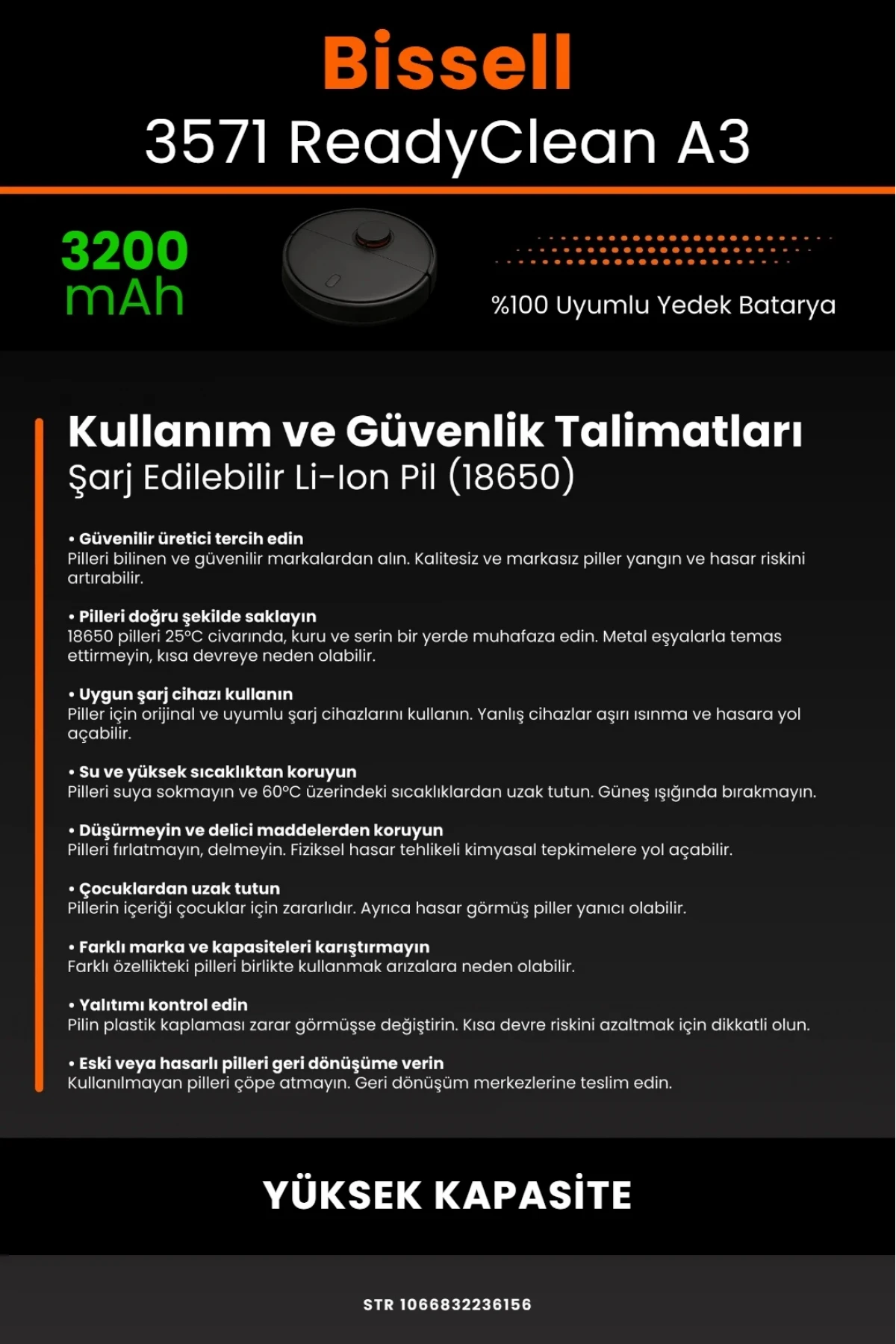 Bissell 3571 ReadyClean Robot A3 Uyumlu Robot Süpürge Bataryası - 3200mAh Yüksek Kapasite