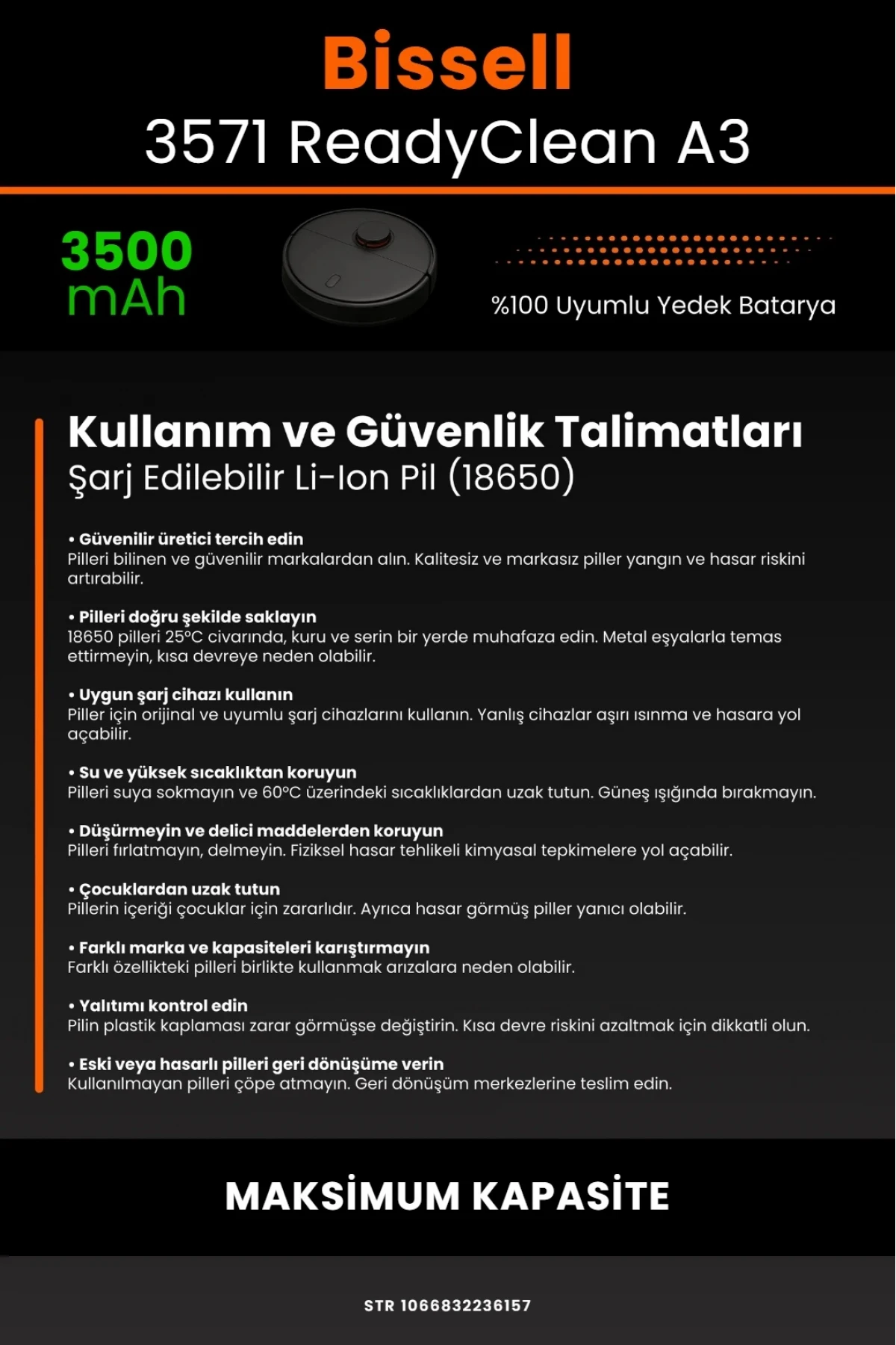 Bissell 3571 ReadyClean Robot A3 Uyumlu Robot Süpürge Bataryası - 3500mAh Yüksek Kapasite