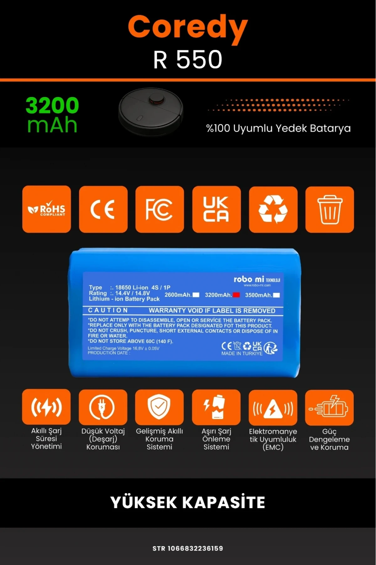 Coredy R 550 Uyumlu 3200mAh Robot Süpürge Bataryası - Yüksek Kapasite