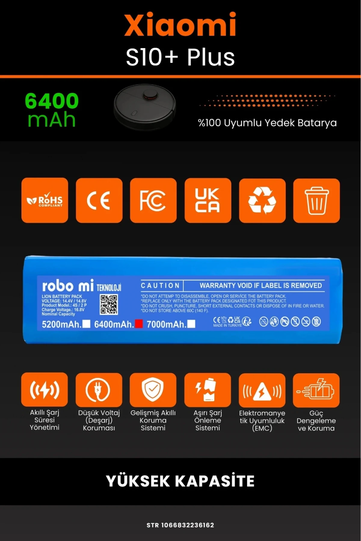 Xiaomi Robot Vacuum S10+ Plus Uyumlu 6400mAh Robot Süpürge Bataryası - Yüksek Kapasite