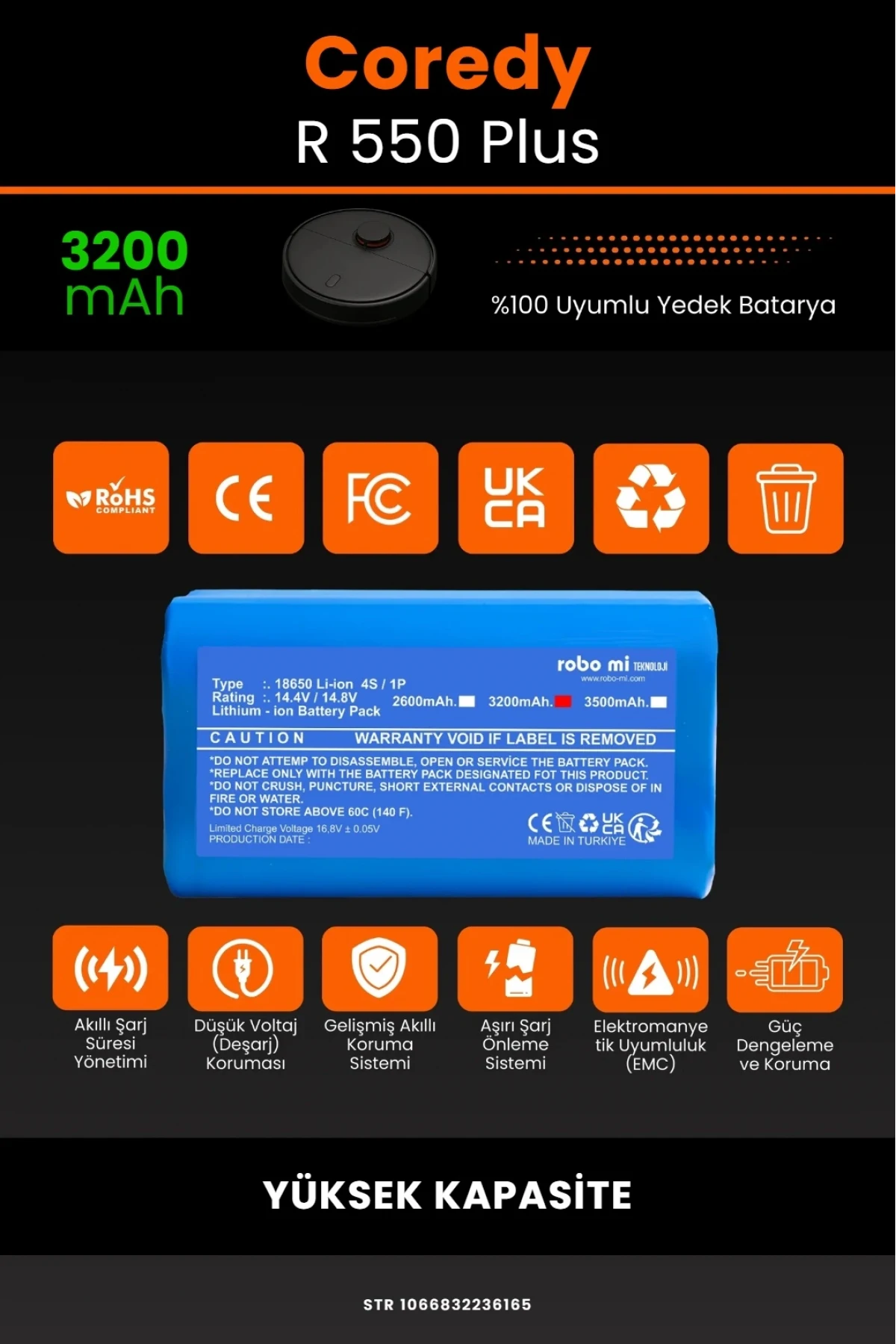 Coredy R 550 Plus Uyumlu 3200mAh Robot Süpürge Bataryası - Yüksek Kapasite