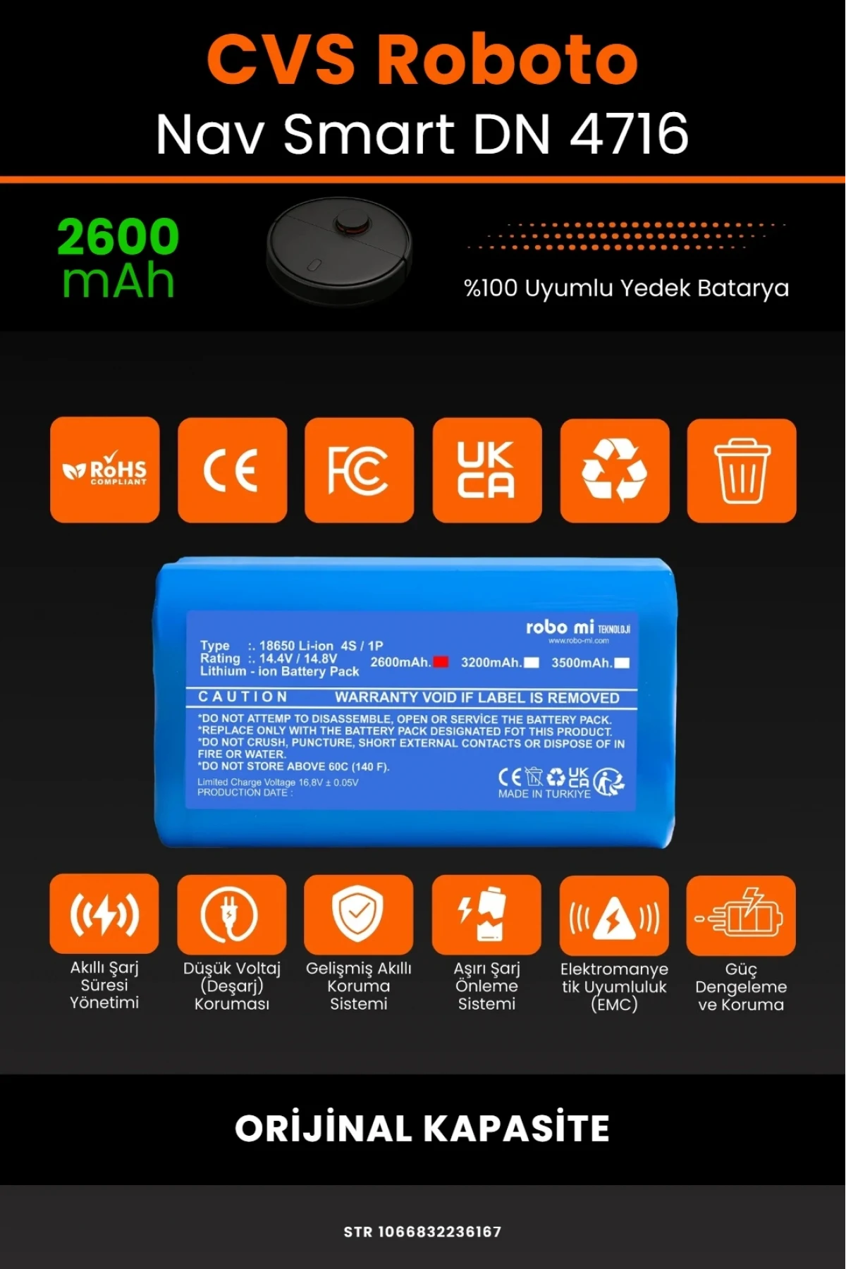 CVS RobotoNav Smart DN 4716 Uyumlu 2600mAh Robot Süpürge Bataryası - Orijinal Kapasite