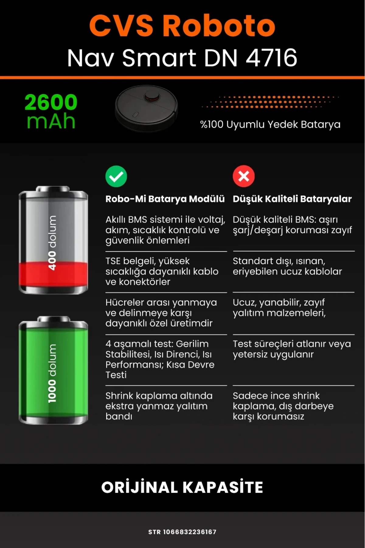 CVS RobotoNav Smart DN 4716 Uyumlu 2600mAh Robot Süpürge Bataryası - Orijinal Kapasite