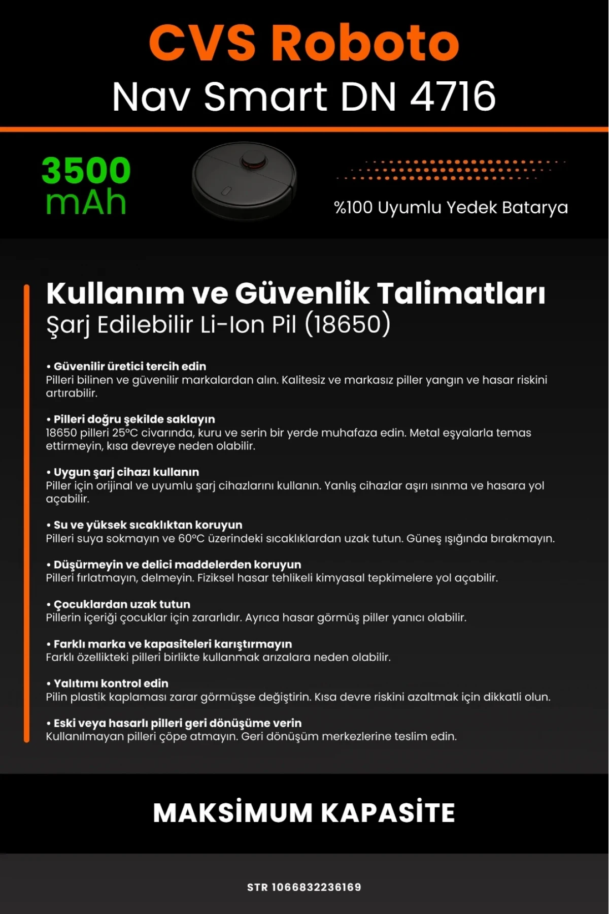 CVS RobotoNav Smart DN 4716 Uyumlu 3500mAh Robot Süpürge Bataryası - Maksimum Kapasite