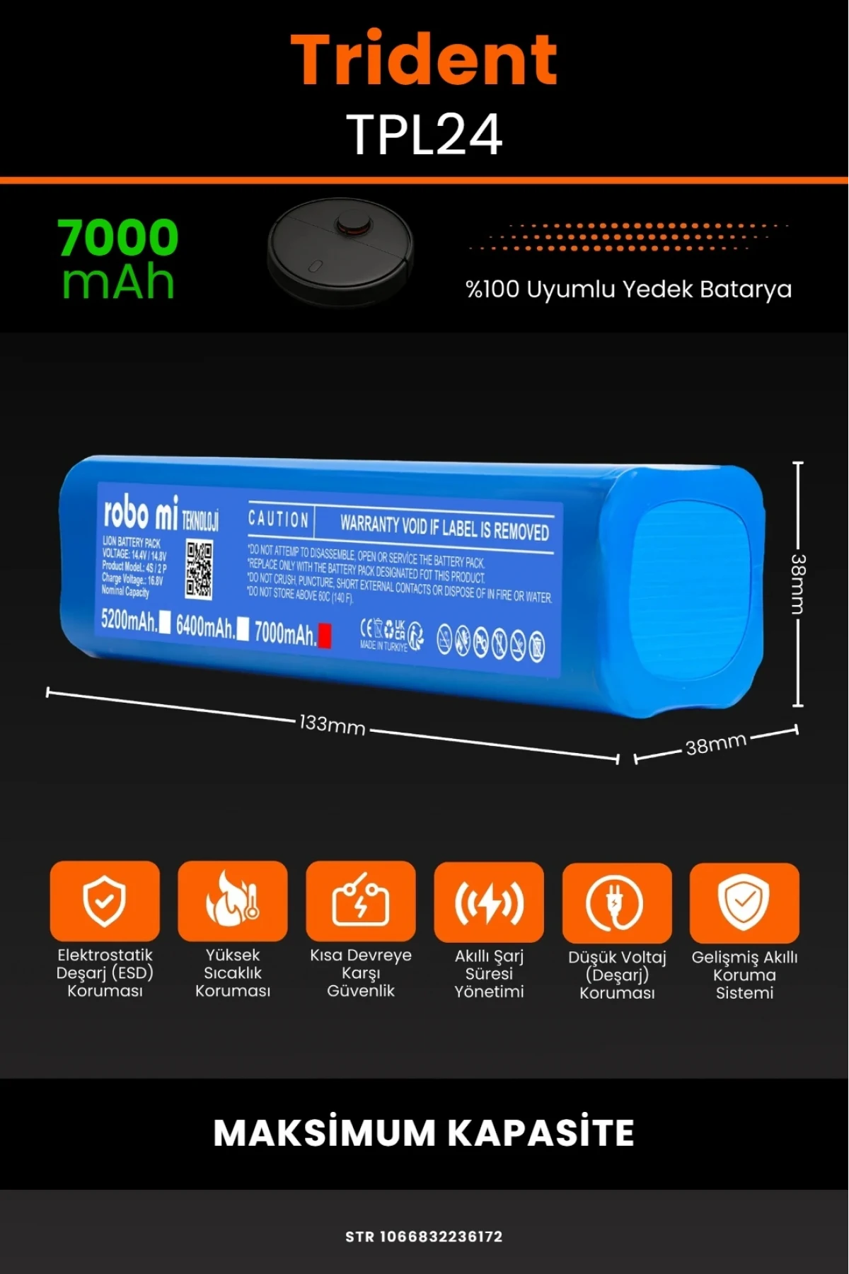 Trident TPL24 Robot Süpürge Uyumlu 7000mAh Robot Süpürge Bataryası - Maksimum Kapasite