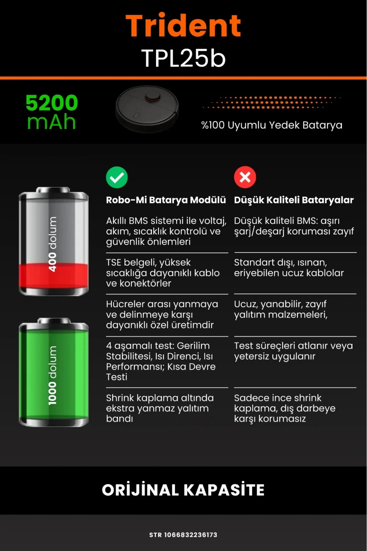 Trident TPL25b Robot Süpürge Uyumlu 5200mAh Robot Süpürge Bataryası - Orijinal Kapasite