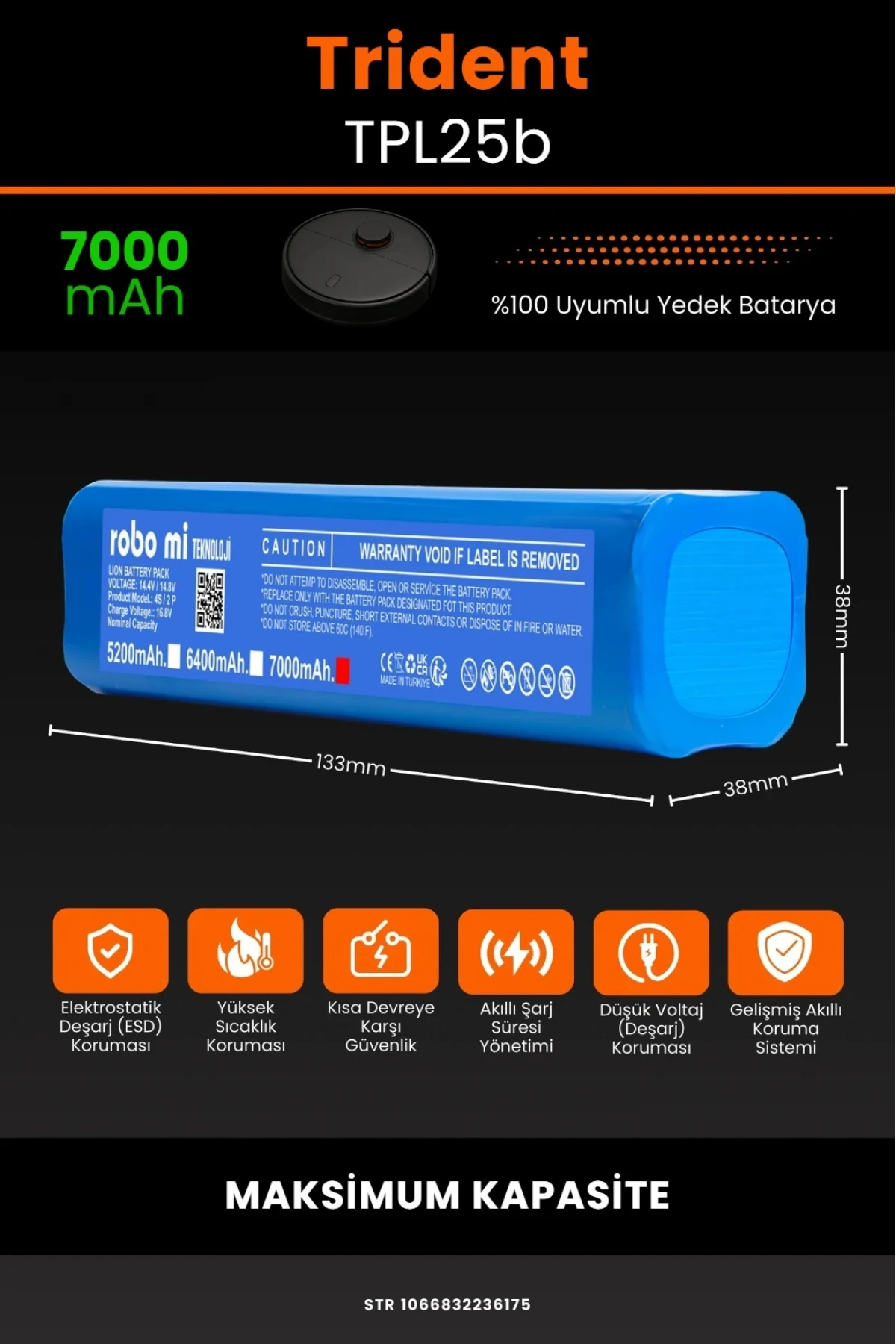 Trident TPL25b Robot Süpürge Uyumlu 7000mAh Robot Süpürge Bataryası - Maksimum Kapasite