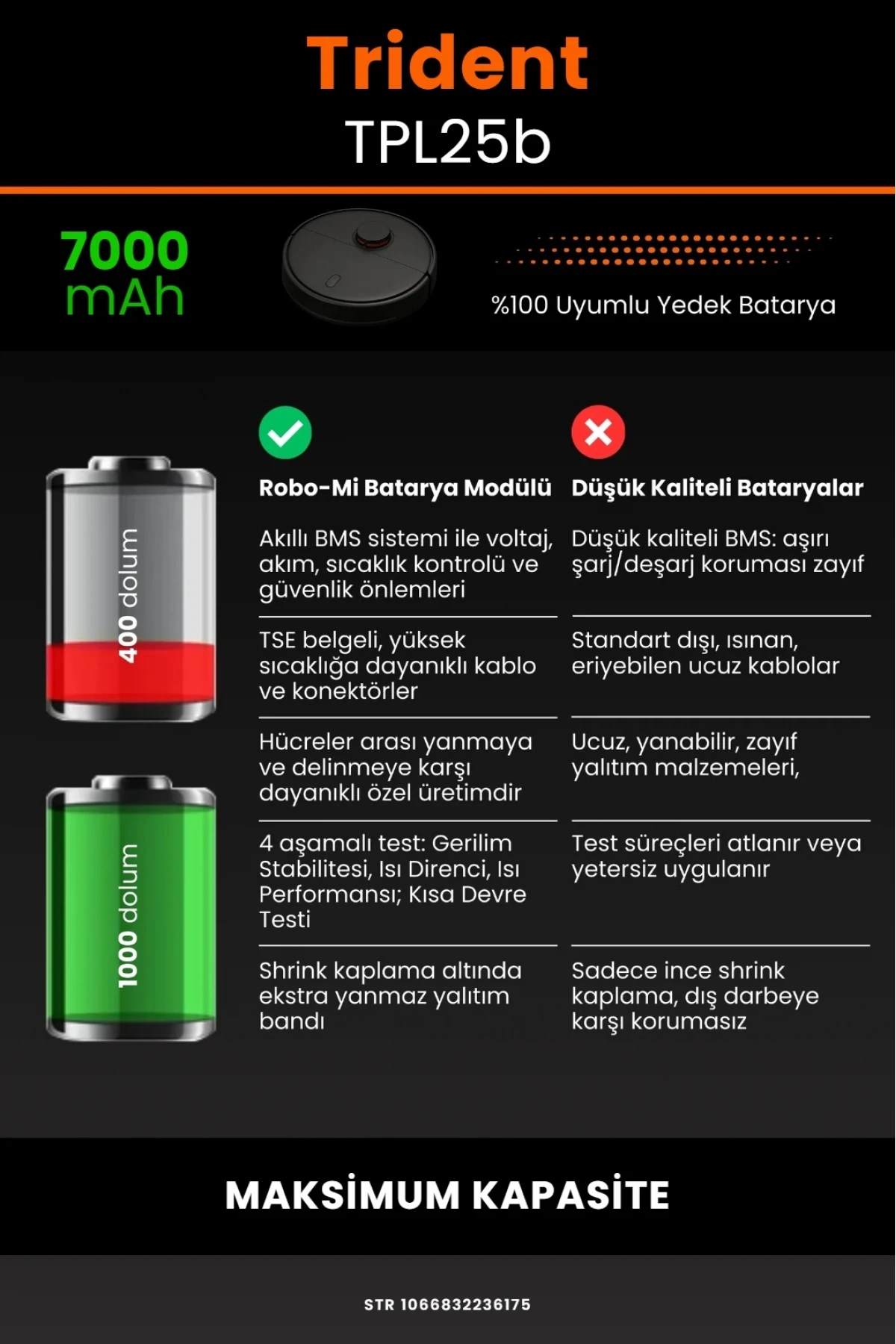 Trident TPL25b Robot Süpürge Uyumlu 7000mAh Robot Süpürge Bataryası - Maksimum Kapasite