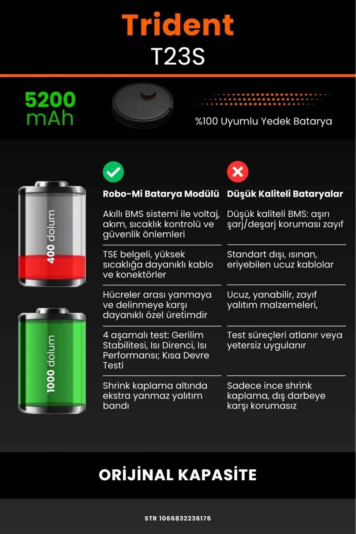 Trident T23S Uyumlu 5200mAh Robot Süpürge Batarya Modülü - Orijinal Kapasite