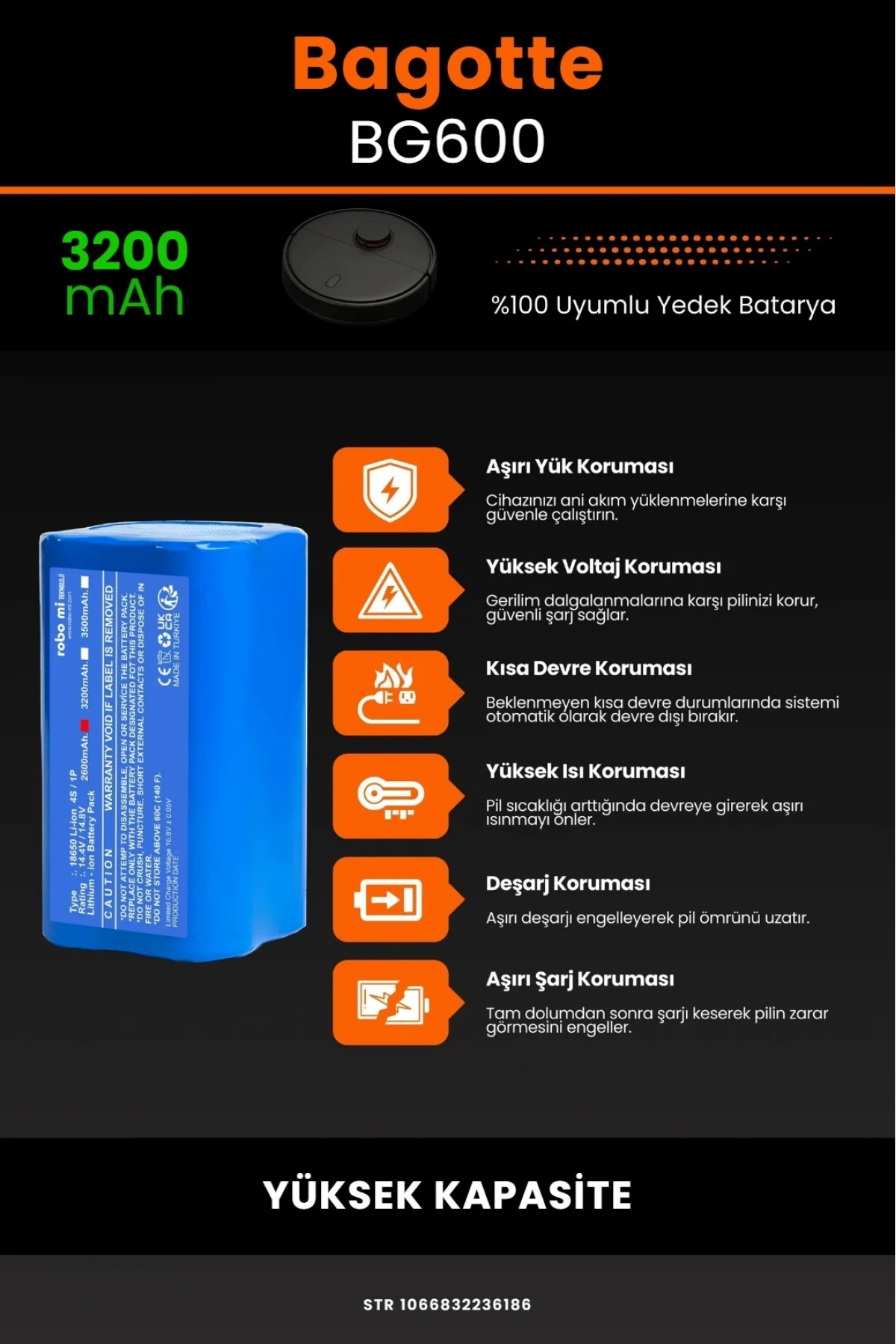 Bagotte BG600 3200mAh Robot Süpürge Bataryası - Gerçek Kapasite, Maksimum Güvenlik