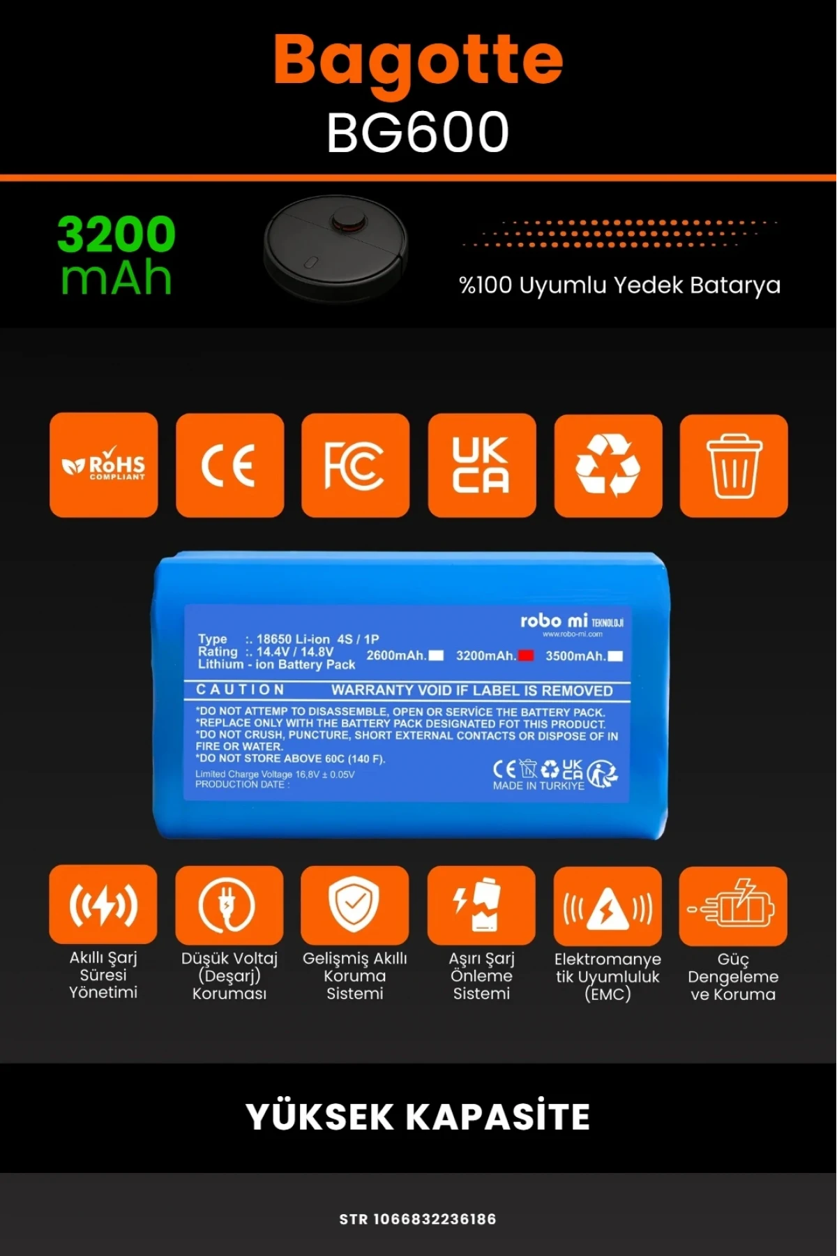 Bagotte BG600 3200mAh Robot Süpürge Bataryası - Gerçek Kapasite, Maksimum Güvenlik