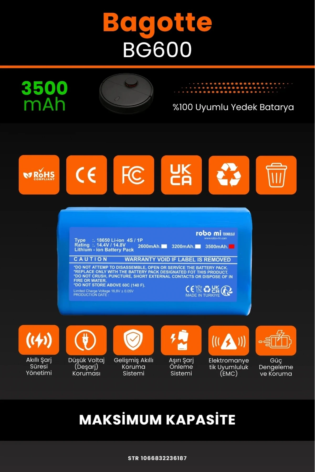 Bagotte BG600 3500mAh Robot Süpürge Bataryası - Gerçek Kapasite, Maksimum Güvenlik