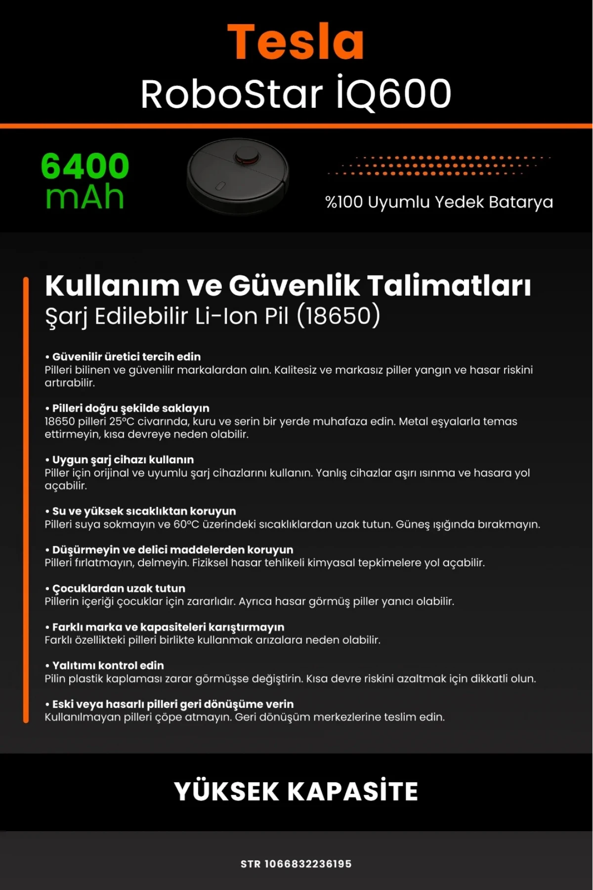 Tesla RoboStar İQ600 Uyumlu 6400mAh Robot Süpürge Batarya Modülü - Yüksek Kapasite