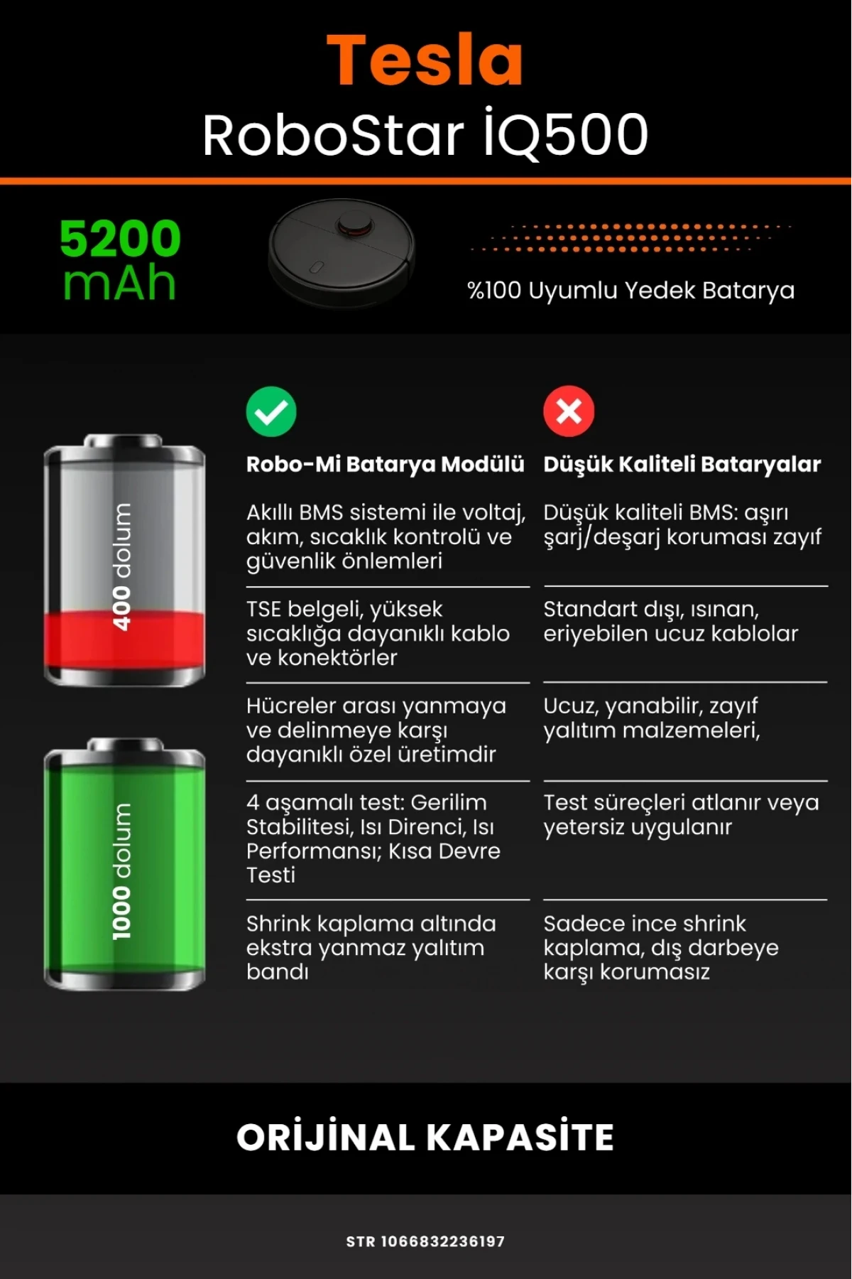 Tesla RoboStar İQ500 Uyumlu 5200mAh Robot Süpürge Batarya Modülü - Orijinal Kapasite