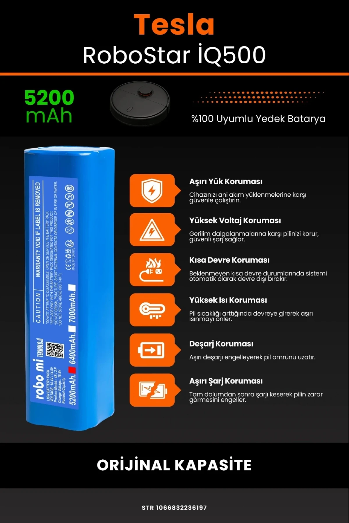 Tesla RoboStar İQ500 Uyumlu 5200mAh Robot Süpürge Batarya Modülü - Orijinal Kapasite