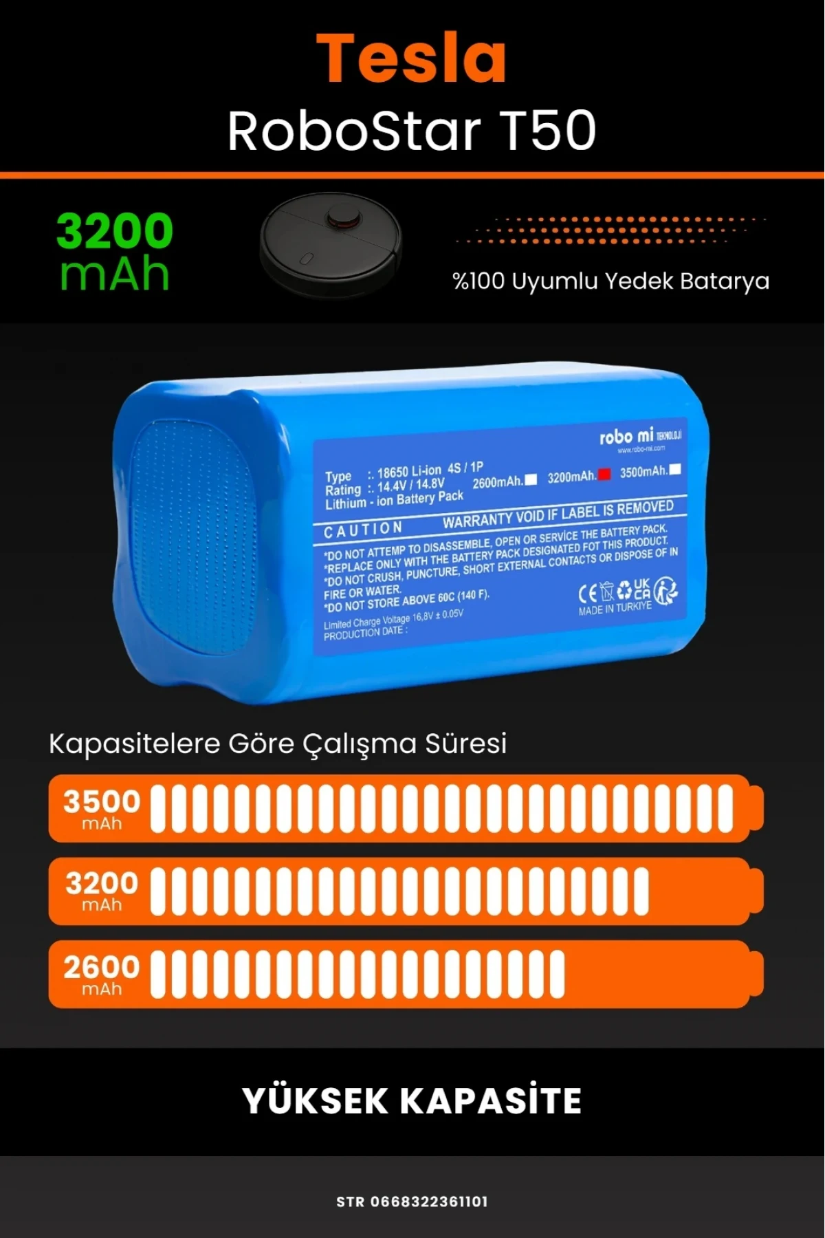 Tesla RoboStar T50 Uyumlu 3200mAh Robot Süpürge Batarya Modülü - Yüksek Kapasite