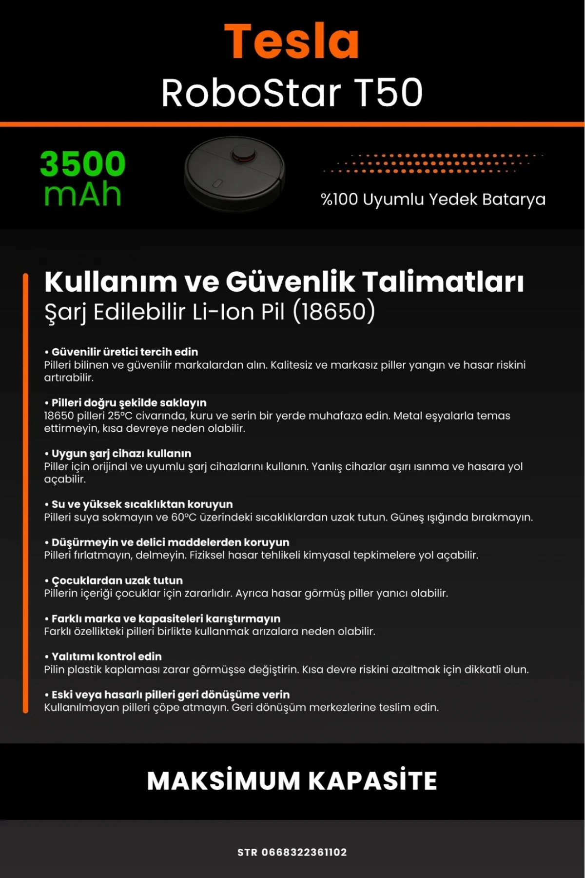 Tesla RoboStar T50 Uyumlu 3500mAh Robot Süpürge Batarya Modülü - Maksimum Kapasite