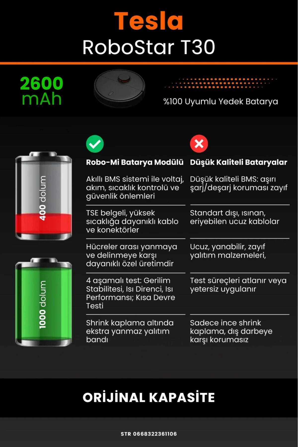 Tesla RoboStar T30 Uyumlu 2600mAh Robot Süpürge Batarya Modülü - Orijinal Kapasite