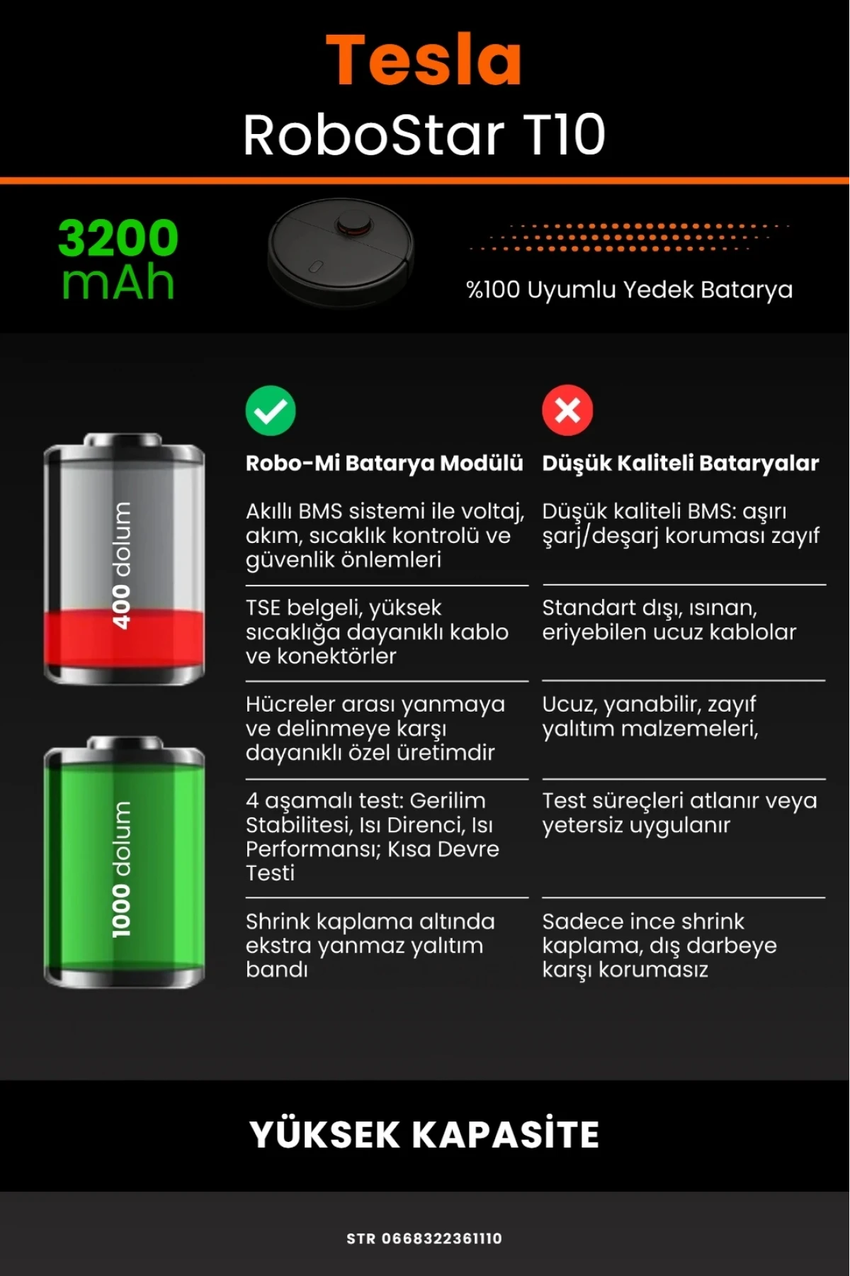 Tesla RoboStar T10 Uyumlu 3200mAh Robot Süpürge Batarya Modülü - Yüksek Kapasite