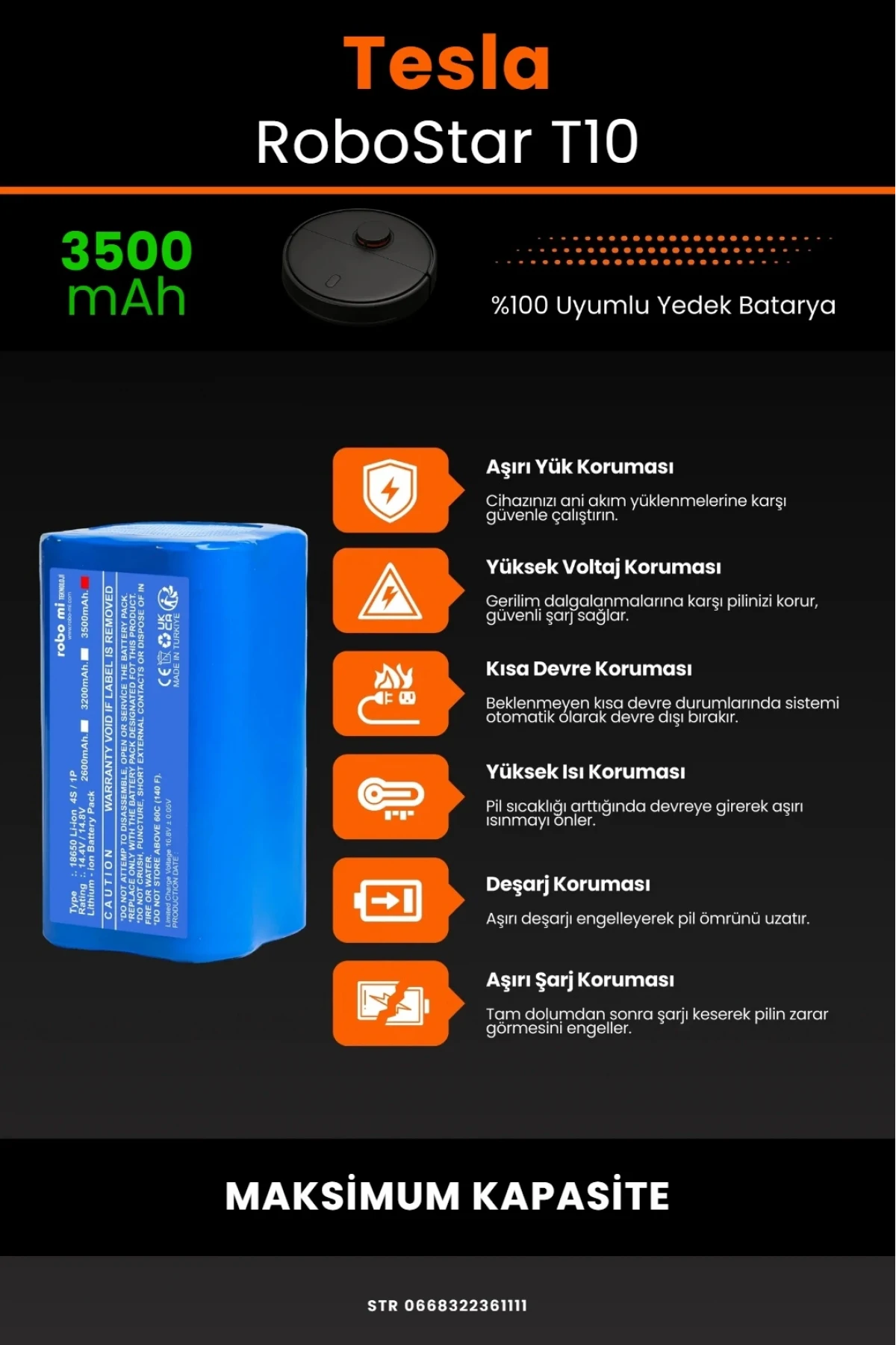 Tesla RoboStar T10 Uyumlu 3500mAh Robot Süpürge Batarya Modülü - Maksimum Kapasite