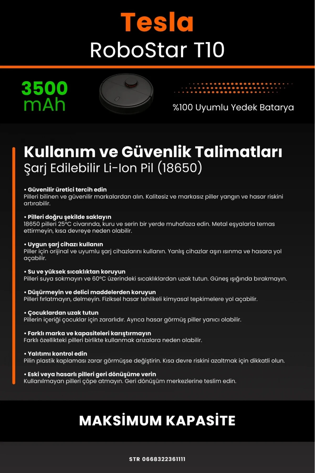 Tesla RoboStar T10 Uyumlu 3500mAh Robot Süpürge Batarya Modülü - Maksimum Kapasite