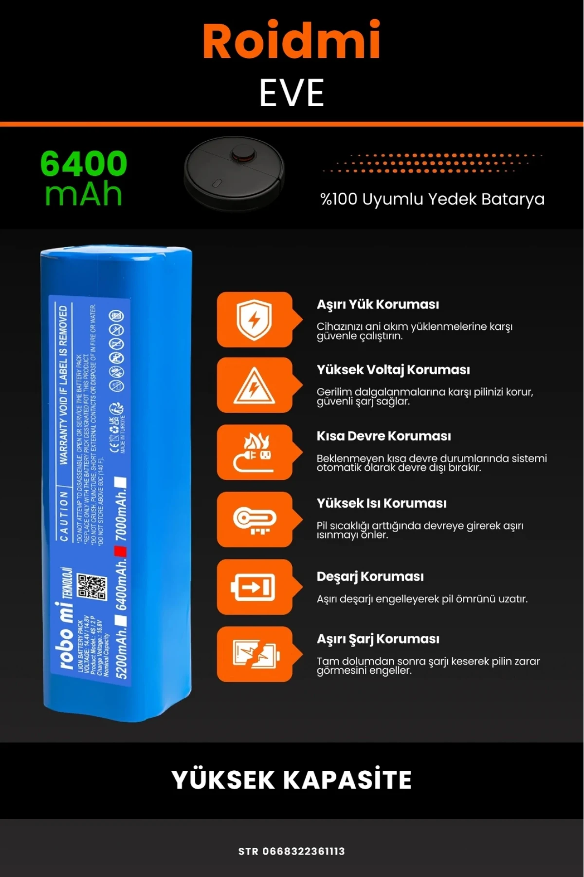 Roidmi Eve Uyumlu 6400mAh Robot Süpürge Bataryası - Yüksek Kapasite