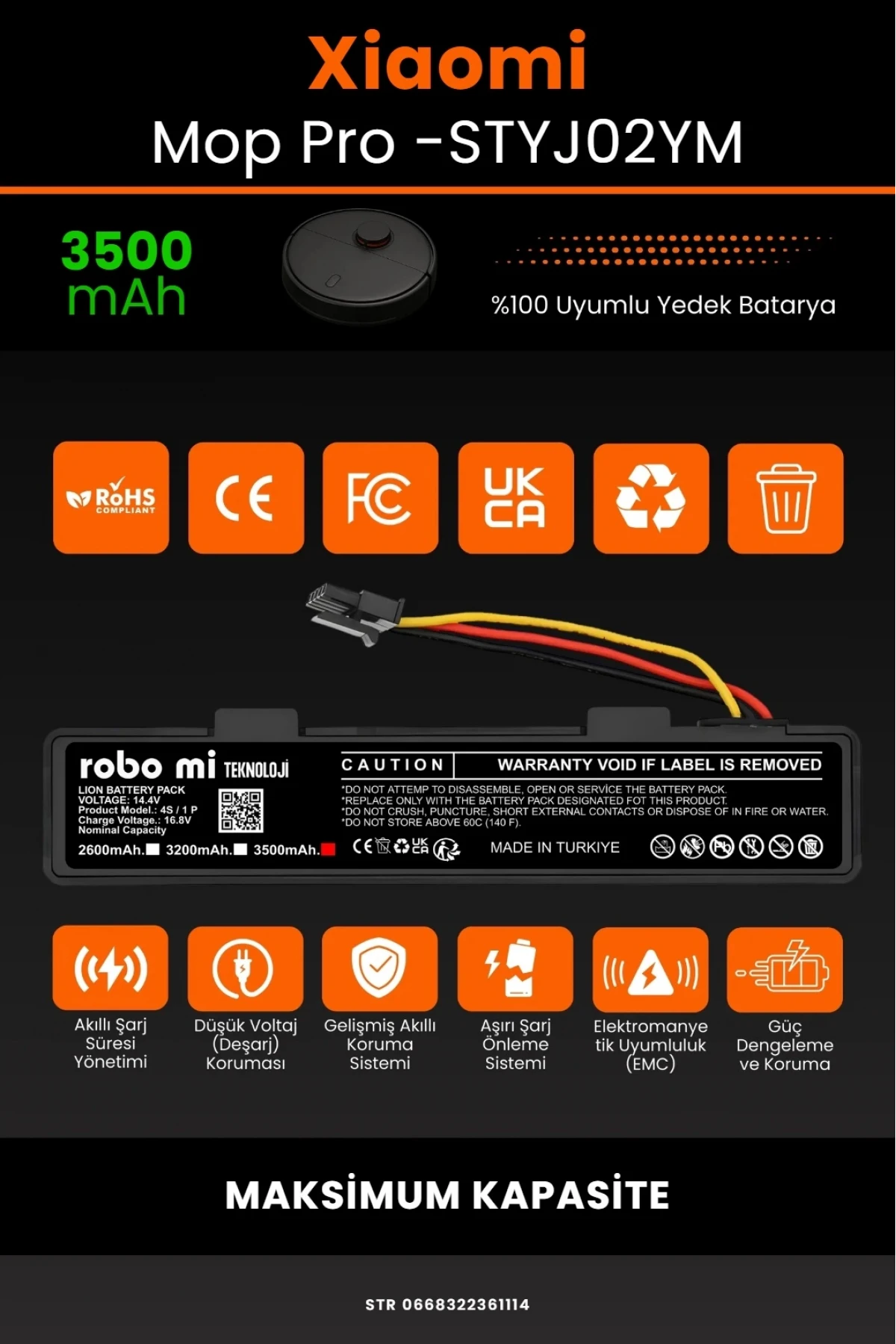 Xiaomi Mi Vacuum Mop Pro Uyumlu 3500mAh Robot Süpürge Bataryası - Box - Yüksek Kapasite