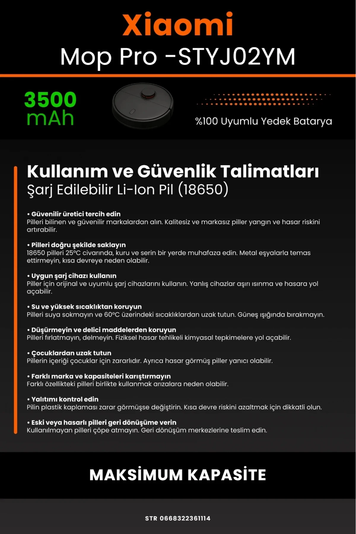 Xiaomi Mi Vacuum Mop Pro Uyumlu 3500mAh Robot Süpürge Bataryası - Box - Yüksek Kapasite