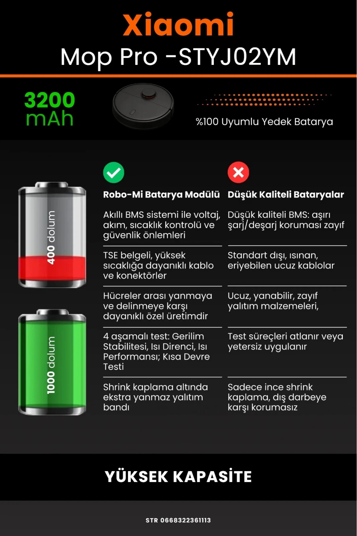 Xiaomi Mi Vacuum Mop Pro Uyumlu 3200mAh Robot Süpürge Bataryası - Box - Orijinal Kapasite