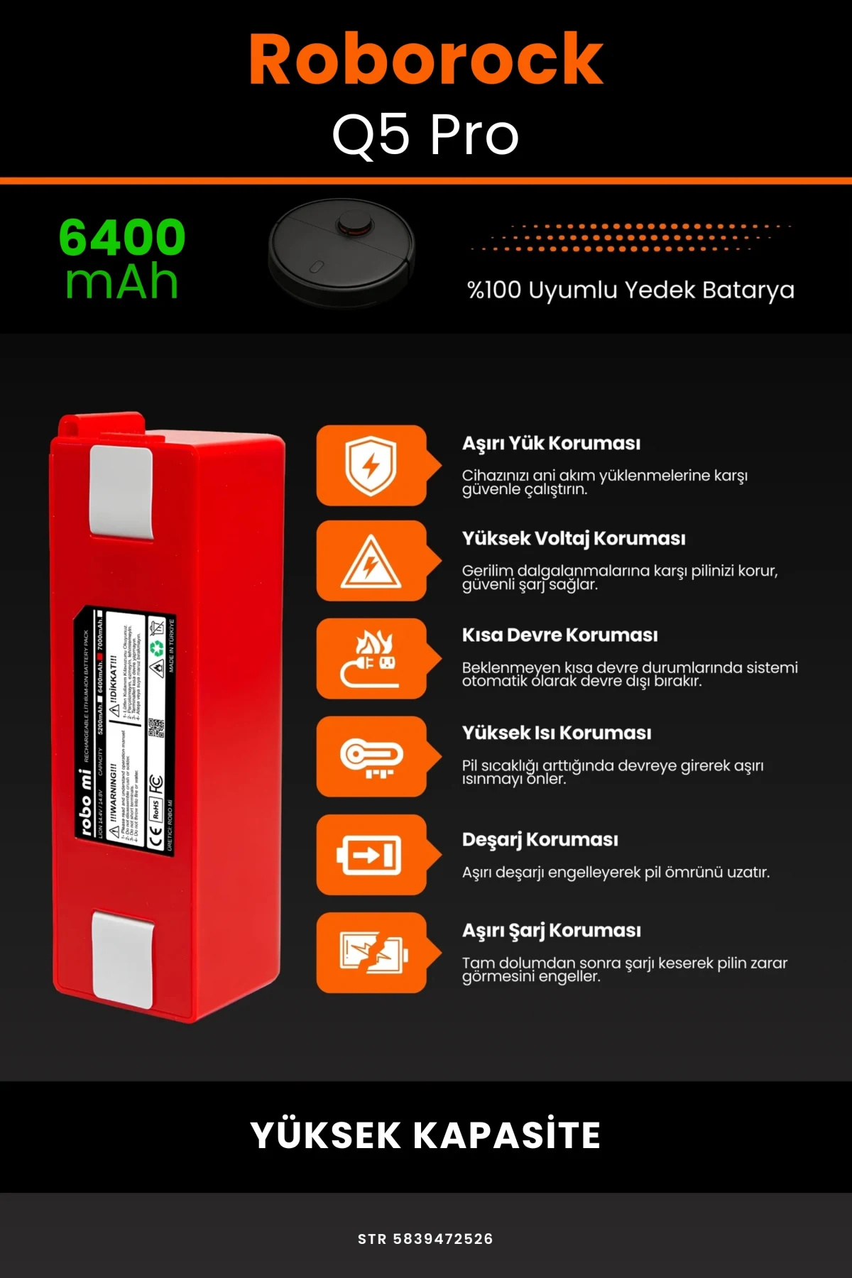 Roborock Q5 Pro Plus 6400mAh Robot Süpürge Bataryası - Yüksek Kapasite - Box