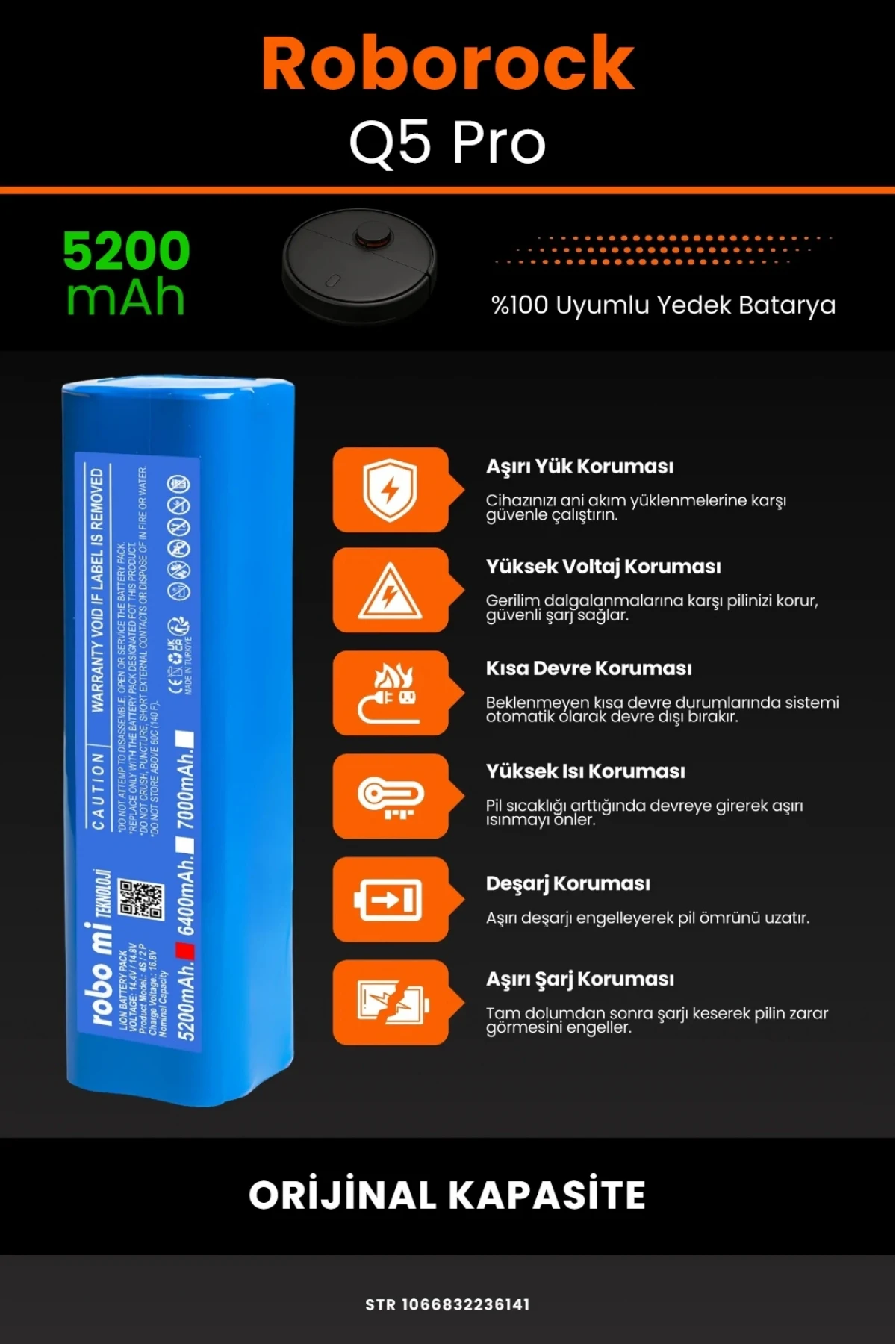 Roborock Q5 Pro Plus 5200mAh Robot Süpürge Bataryası - Orijinal Kapasite - Kutusuz Model