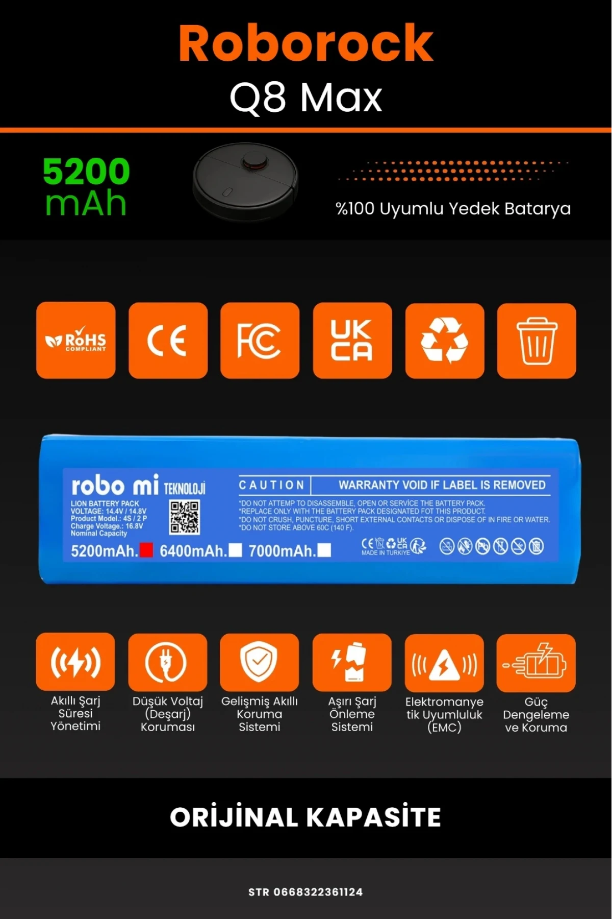 Roborock Q8 Max Uyumlu 5200mAh Robot Süpürge Bataryası - Orijinal Kapasite - Kutusuz Model