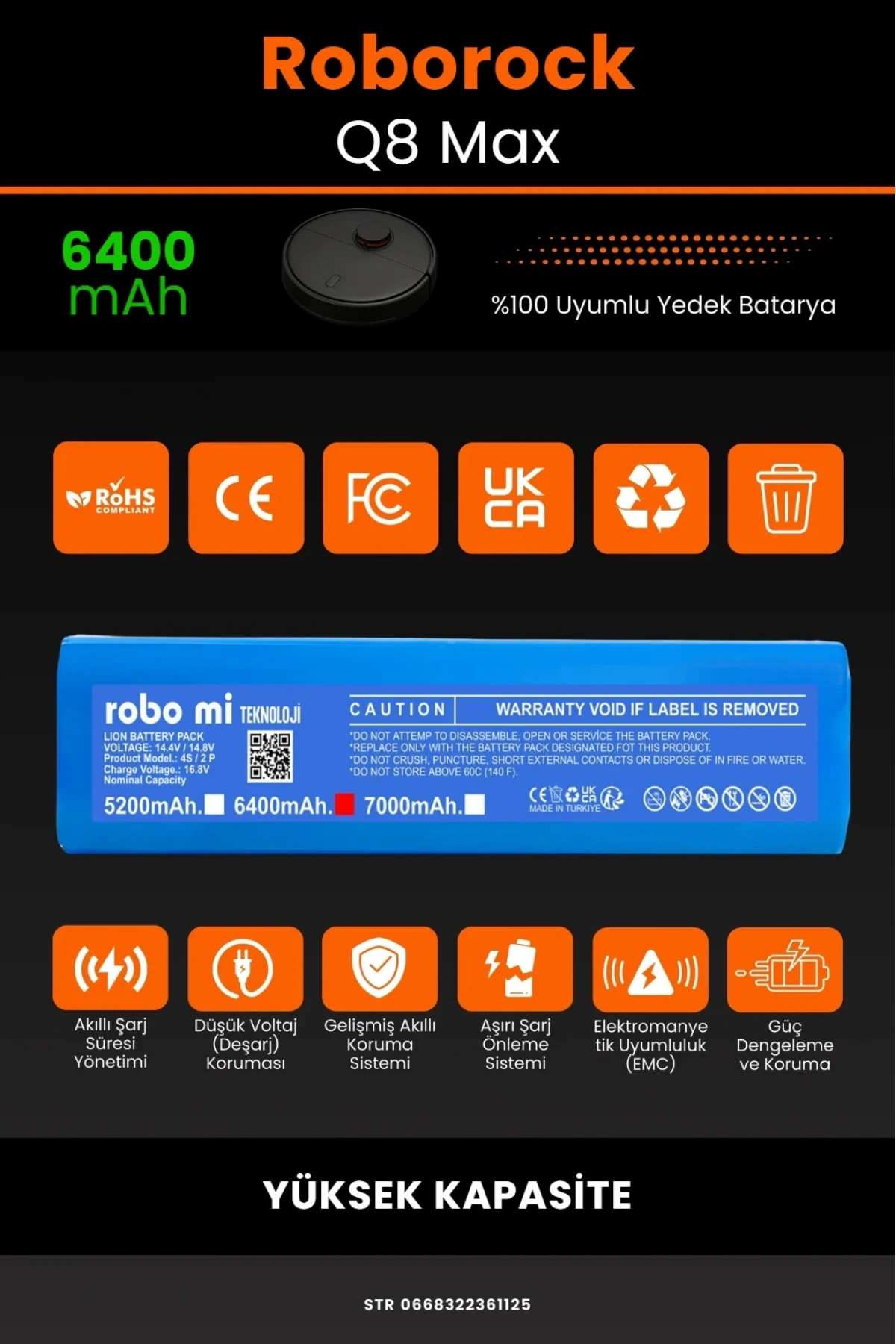 Roborock Q8 Max Uyumlu 6400mAh Robot Süpürge Bataryası - Yüksek Kapasite - Kutusuz Model