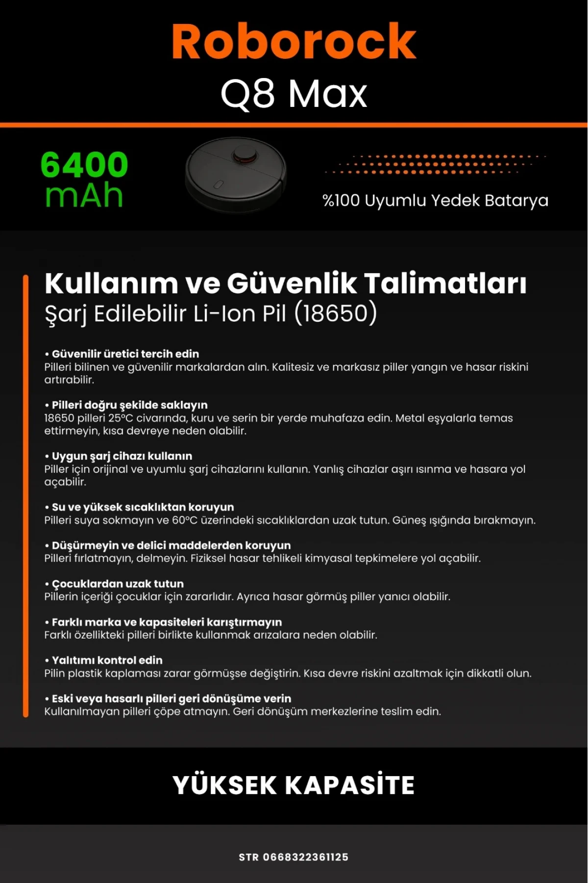 Roborock Q8 Max Uyumlu 6400mAh Robot Süpürge Bataryası - Yüksek Kapasite - Kutusuz Model