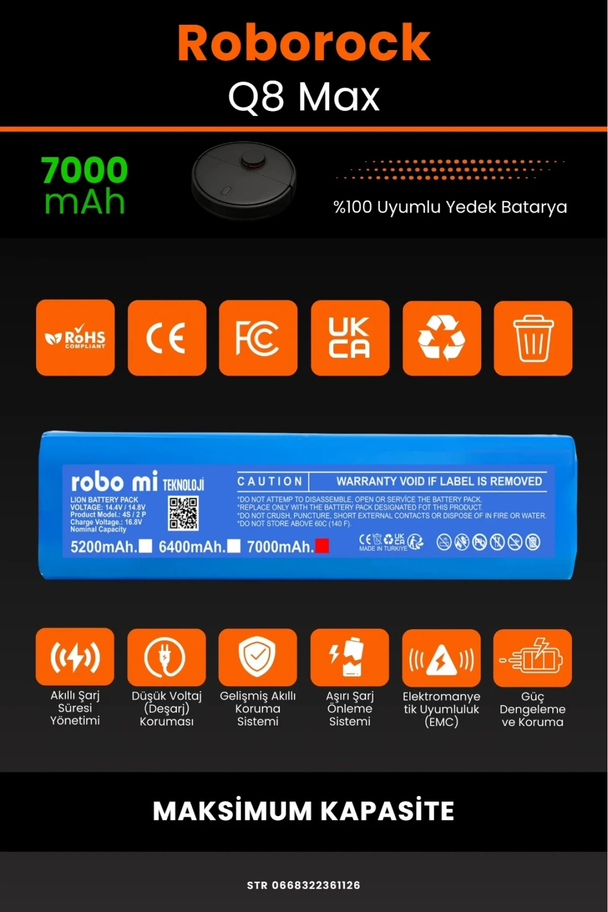 Roborock Q8 Max Uyumlu 7000mAh Robot Süpürge Bataryası - Maksimum Kapasite - Kutusuz Model