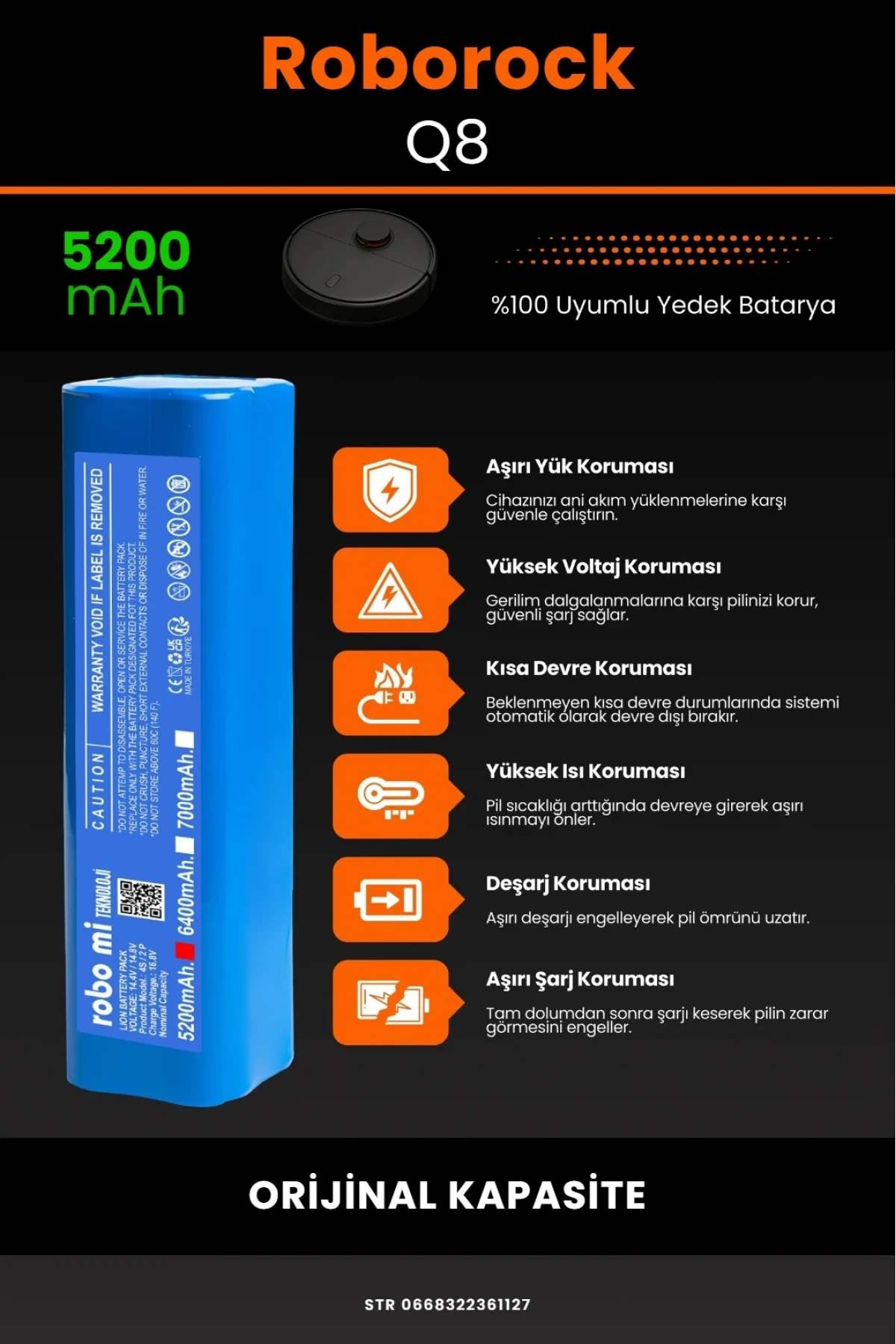 Roborock Q8 5200mAh Uyumlu Robot Süpürge Bataryası - Orijinal Kapasite - Kutusuz Model